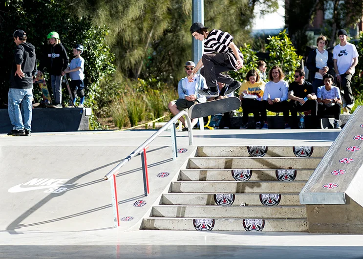 <!--daausfinals-->

Joey Cormack mans the ship on a Hardflip down the stairs.