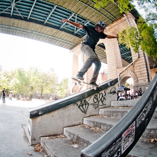 <!--nyc14day3-->

This is not an easy one.  Markus Jalaber handles this fakie ollie to switch back 5-0 down the bubba.