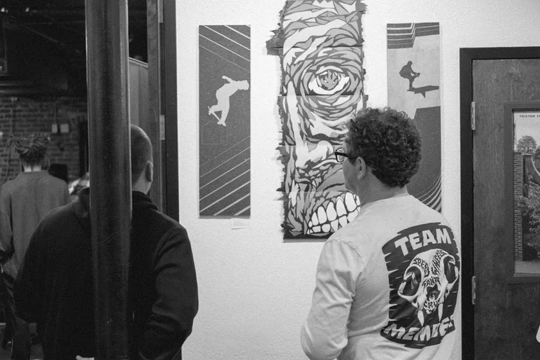 <!--pro19thursnight-->

Chad Cardoza aka Kickstart My Art made this super sick version of the old Conklin graphic out of colored griptape and broken boards. The two pieces on the right and left were done by our own SPoT photographer, Josh Bowser.