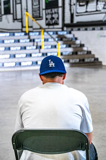 Artsy photo of Kelly Hart getting ready to judge Skater XL Best Trick 
<!--damnamla2023besttrick-->