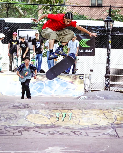 Abner Pietro out of Sao Paulo, Brazil with a tre flip for the crowd

<!--damnamnyc23-day2-->