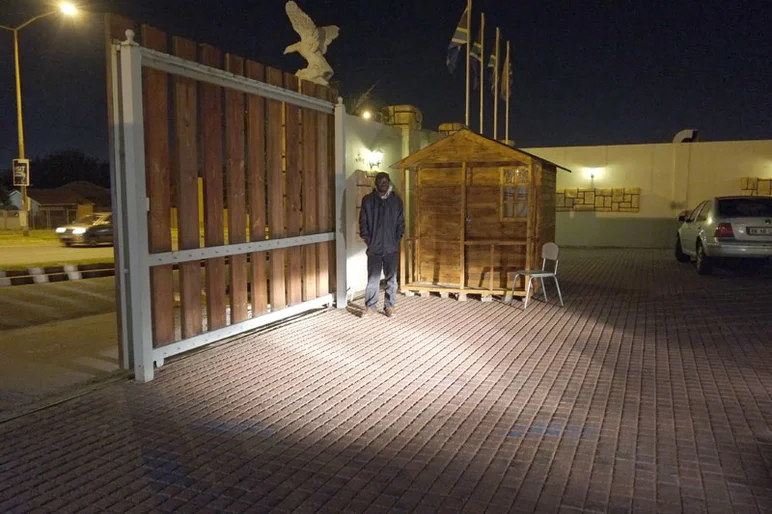 The gate and security guard hut at the One World Hotel makes you feel like it's a sketchy neighborhood.<!-- South Africa: Johannesburg for a Day and on to Kimberley -->