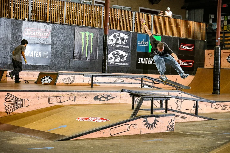 The Fresh Prince of Another Skate Shop, Will Smith, with a switch backside flip over the bump to bar


<!--cotc2024-deathrace-->