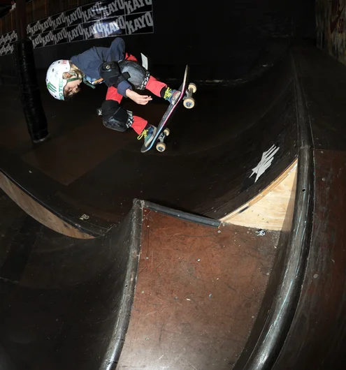 <!--hj2014-->

Early Boggs is another little guy who's always at our contests and events. Early is fearless... he flew at this quarter pipe and launched a huge backside air, transferring into the taller quarter.

