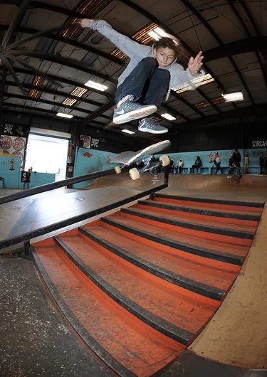 <!--vday16-->

The difficulty of tricks some of the younger kids are doing simply amazes me. This is Angel Gonzalez. He was the first skater in his heat to drop in, and blazed this hardflip first try down the stairs. Remember, this is the 9-12 division! Wow.