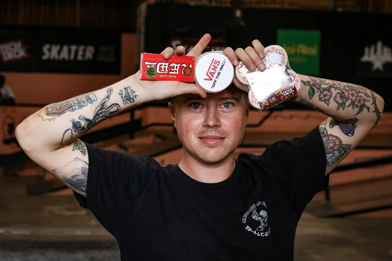 Matt Shail with more goodies to pass out for our Death Race winner

<!--goskateboardingday2023-->