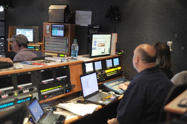 It's a crazy scene inside the TV production truck