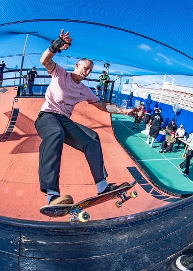 Matt Hensley hasn't been on a board in a while and he hopped onto the ramp with the guys. It was so awesome to see one of the pioneers of street skating doing his thing. Front slash from Matt

<!--floggingmollycruise23-->