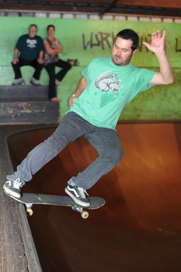 Thrasher photographer Joe Hammeke on a tailslide during the Old Man Bowl Jam.  The Editor of Frontside Grind Magazine is too tired and has too many other jobs to be doing covers this weekend.<!-- Tampa Am 2012 Photos -->