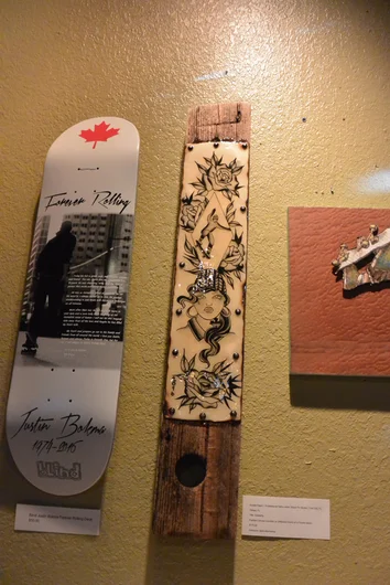 <!--bokmaartshow-->

Krystal Ralph, local Tampa artist/Tattooer was kind enough to make this amazing piece sketched on art paper and mounted on driftwood she found on a local beach. So rad! The Blind tribute skateboard is on the left.