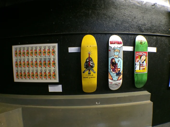 <!--ta14-tn-->

Nick Halkias aka The Skateboard Museum even brought some of his super rare boards and an old Rocco sticker sheet to the art show.