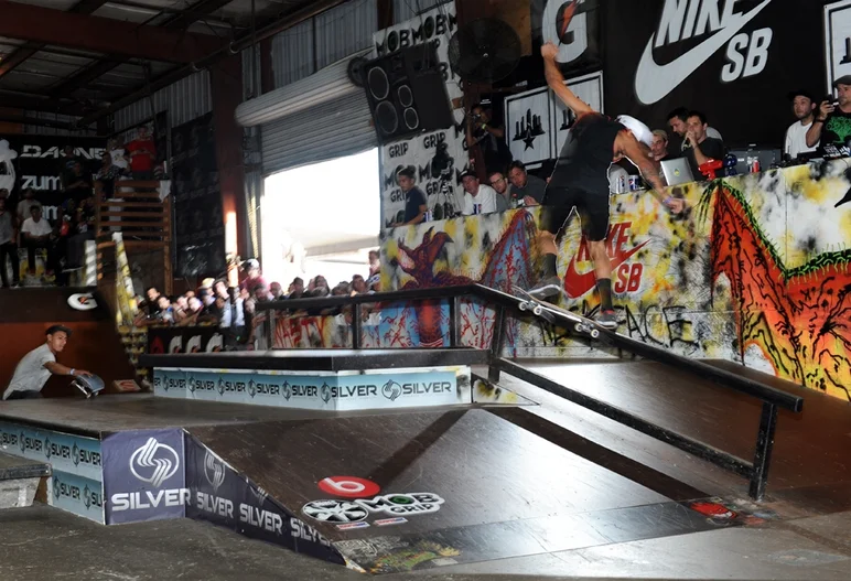 <!-- tampapro2014qualifiersaaronandfrank -->

Nyjah Huston. Gap to backside noseblunt. This was one of the most basic tricks to go down during the Silver Trucks best trick contest immediately after qualifiers. Nyjah took 2nd place with a slew of other insanely hard tricks on this obstacle.