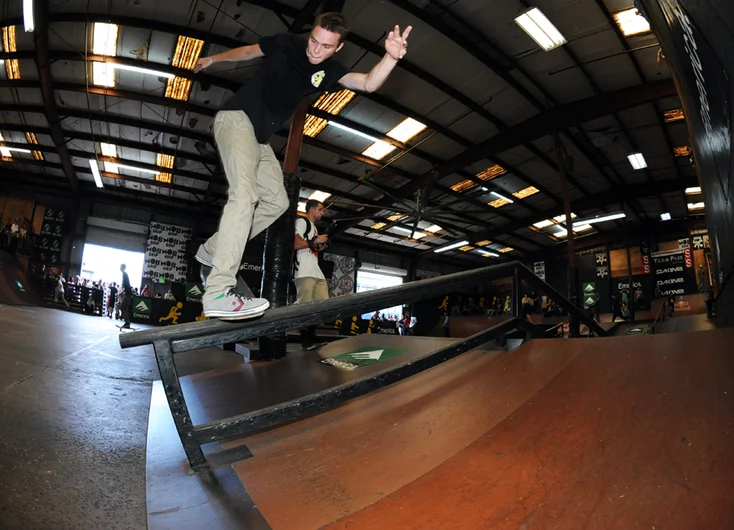 <!-- backtoschoolbash2013 -->

Austin McCahan has a stylish backside noseblunt-slide. He did this and more in practice, but couldn't manage to land enough tricks to get into the finals.