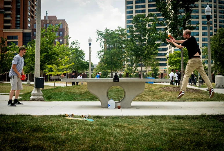 <!--da-chi16-->

Before we hit it, Chi-town locals Spaz and G take advantage of the new ping-pong table at Grant Skatepark.