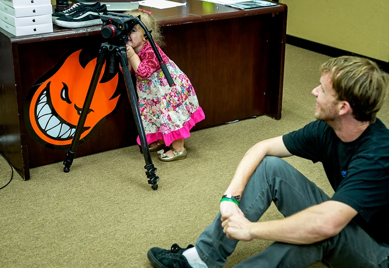 <!--am16satphotos-->

Filmer Master Genius Guru Frank Branca gets ready to document the Best Trick contest and has his daughter Piper help out.