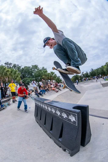 <!--gsd21-->
We closed our shipping and receiving department early on Go Skate Day so our boy Peter Kryger could get in on the cash for tricks. Fat Impossible over the barrier.