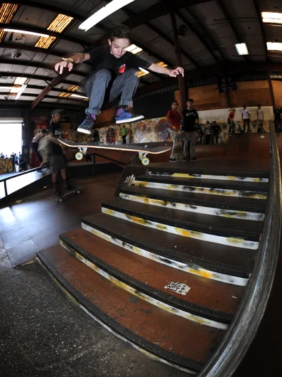 <!--bts14-->

Wesley Box easily took first place in the 9 to 12 division by landing tricks in his jam like this smooth pressure flip down the stairs. Making Nate Sherwood proud at every contest, Wes. For real though, you annihilated it.



