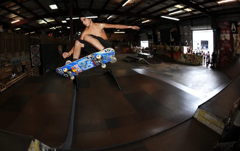 <!--bts14-->

When I said it was hot, I meant it. Miles McKinney's shirt melted off as he blasted this massive frontside ollie from tranny to tranny.








