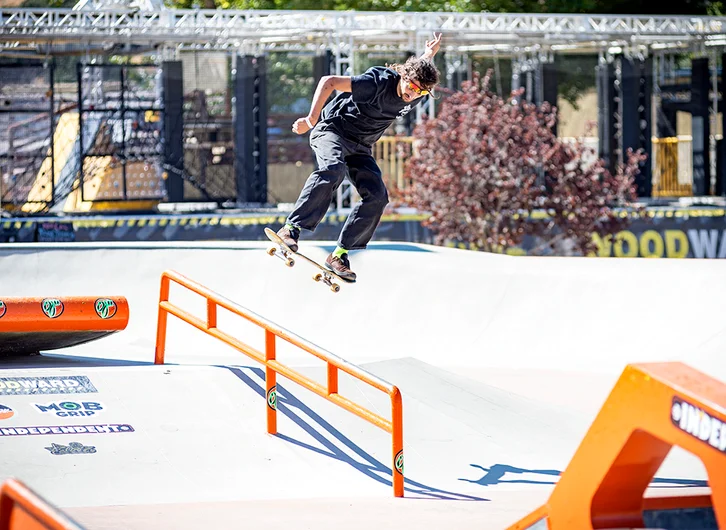 <!--daww19finals-->

Tony Christopher hits a gap boardslide from a funky angle.
