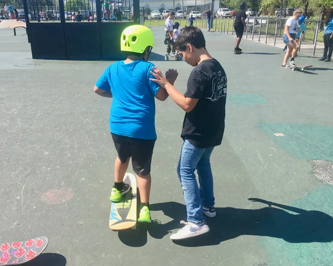 <!--b4bbroward-->
In skateboarding, peer to peer instruction happens every day. Skaters of all ages learn skills and pass them on to others who want to learn. We see this circle of learning at all of our skateboarding distributions and it is so rad.