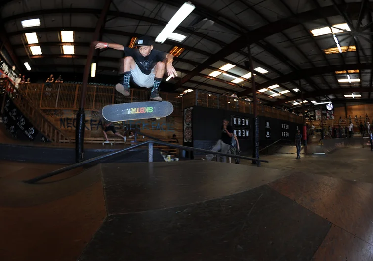 <!--SOJ14-->
Jomar Ortiz Garcia, from Ponce, Puerto Rico, makes it to a lot of our events here at SPoT. Jomar also skates really well. Here's Jomar on a blasted kickflip over the pyramid, straight into second place in the 9-12 division.



