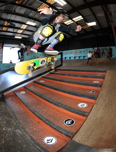 <!--soj16-->

Noah Pollard has some killer flip tricks in his bag. This is Noah on a heelflip down the stairs.