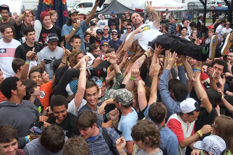 Schaefer surfs out.<!-- Tampa Pro 2013 Skateboarding and the After-Party -->