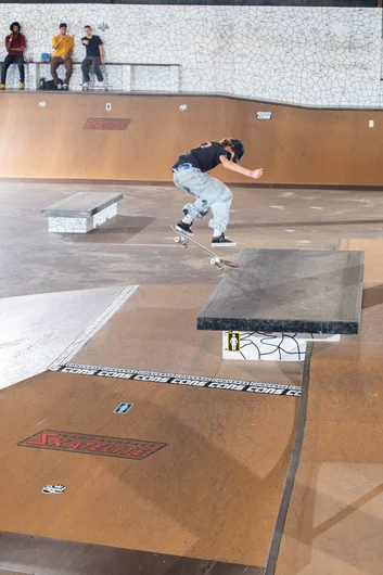 Noah with a kickflip front noseslide to fakie MID RUN

<!--schoolsoutjam22-->