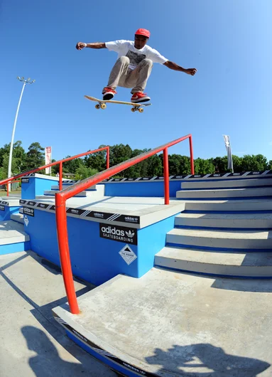 <!--Copa2014-->

James Cobb blasted this kickflip over the rail during practice, but decided to take it fakie down the massive set of stairs in the SPoT team jams. He frontside flipped over this same rail, too.

