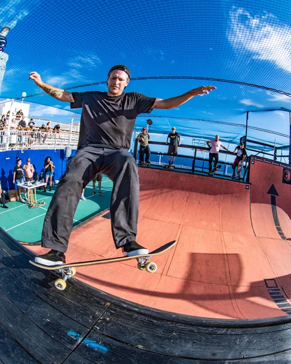 This is a hard one to shoot so I will just tell you. Strubing clocked in at 100mph and then back 180 out of this 5-0 into the transition. 

<!--floggingmollycruise23-->