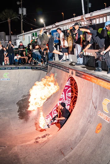 Jason took the easy way over the fire and went kickflip into a roast beef. Is that roast beef? I am a street guy.. I didn't sign up for this!

<!--prolegendsvertjam2023-->