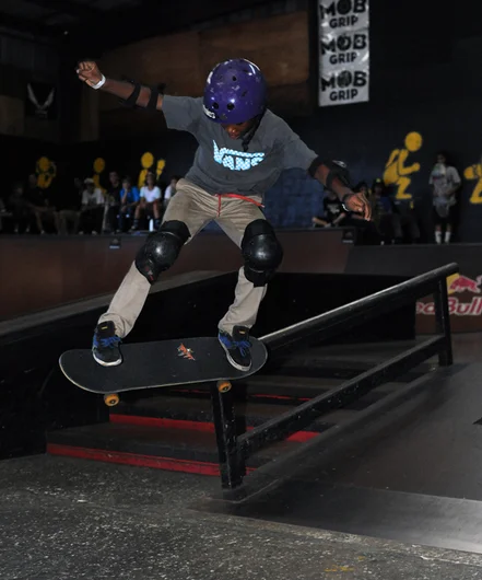 <!-- backtoschoolbash2013 -->

Darius Norton won the 8 and under division with some heavy tricks for a little guy. Here is Darius doing a feeble down the 4-stair rail.