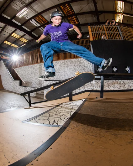 Payton Stickles putting his skills from Skate Camp to work. Fully flicked kickflip up the Euro.
<!--backtoschoolbash2022-->
