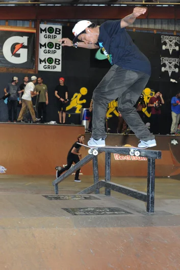 Felipe was kickflipping into these switch backside tailslides so perfectly.<!-- Tampa Pro 2013 Skateboarding and the After-Party -->