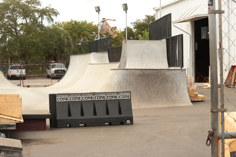 <!--coursedemo2015part1-->
Don't forget: the concrete course, courtyard and kid course are still skateable and FREE right now. Dirt Weasel knows what's up...FS air. Stay tuned for more updates as the work continues.