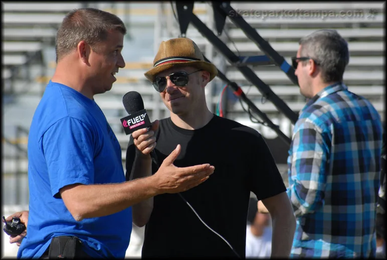 Maloof Money Cup 2009 Practice and Course Construction<br />
Neal Hendrix is on interview patrol.  Mark Waters is on police patrol