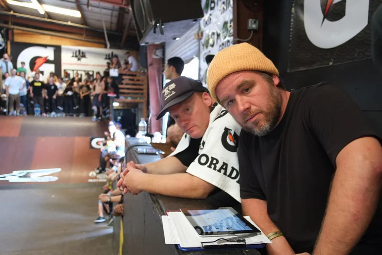 Judges Mike Sinclair and Bob Reynolds in deep judging thought.<!-- Tampa Pro 2013 Skateboarding and the After-Party -->