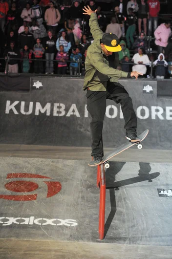 Tommy Fynn joined the dance party after each trick he made over the a-frame.<!-- Maloof Money Cup South Africa 2012 -->