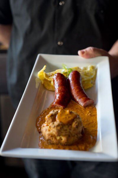 Cheddar biscuit, chorizo gravy, messy egg