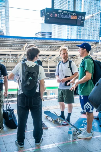 Damn Am crew catching up at the train station while waiting to board the bullet train to Murakami City

<!--damnamjapan2023practice-->