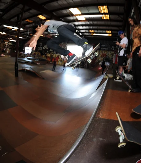 <!-- tampapro2014qualifiersaaronandfrank -->

Louie Lopez is now pro for Flip skateboards. He qualified 6th today with some really great tricks, like this alley-oop backside ollie on the china bank straight to backside bigspin down the stairs.