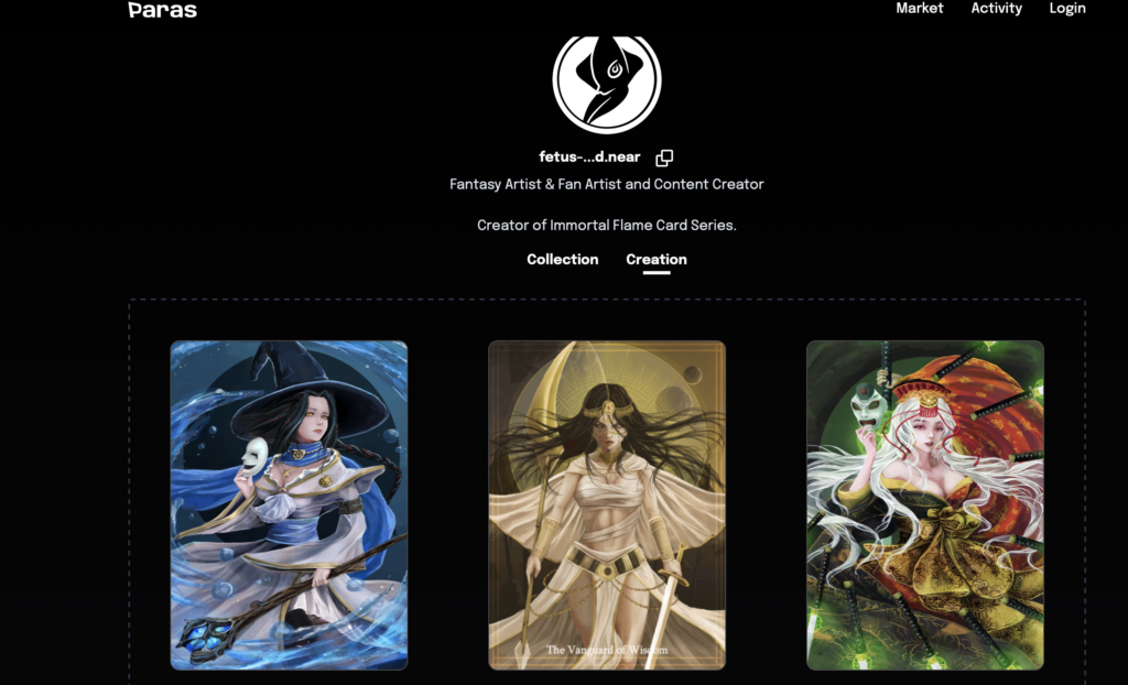 homepage of a digital artist with three examples of fantasy trading cards