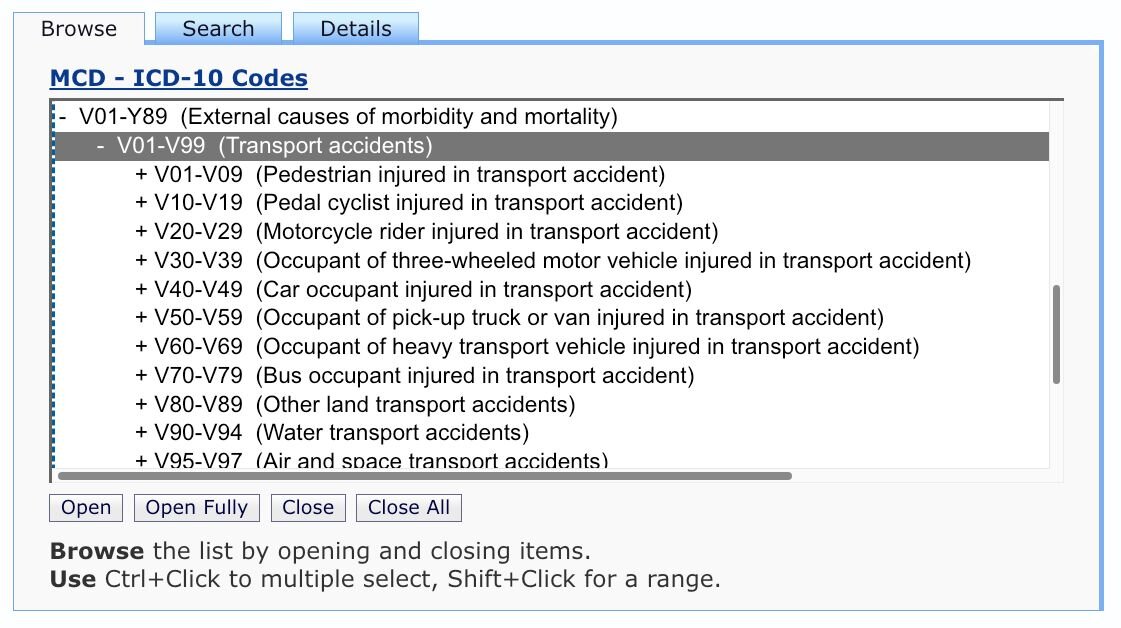 Image of CDC Wonder tool showing codes for transport accident. None include e-bikes or e-scooters, though "Pedal cyclist" is listed.
