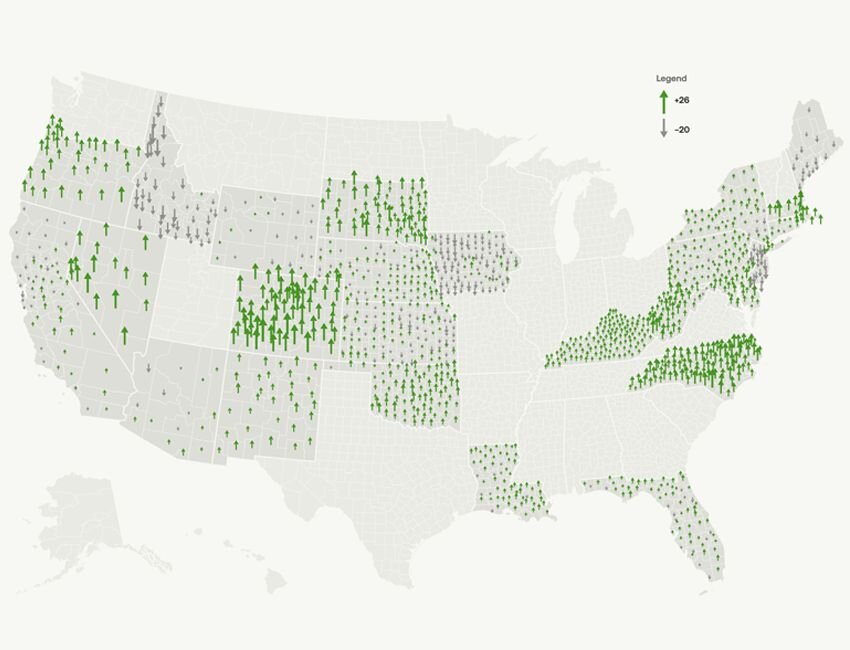 A visualization showing the percentage point change in the share of voters registered with a minor party or no party.
