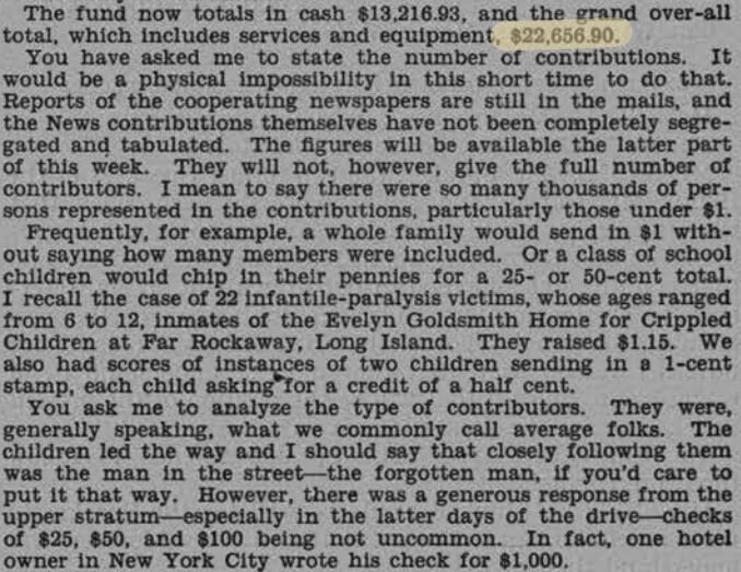 An excerpt from a telegram from Fred Pasley which was read aloud to Congress March 27, 1933. The relevant sentence reads "The [swimming pool] fund now totals in cash $13,216.93, and the grand over-all total, which includes services and equipment, $22,656.90." It goes on to describe that the fund came largely from small (less than $1) donations from people nationwide.
