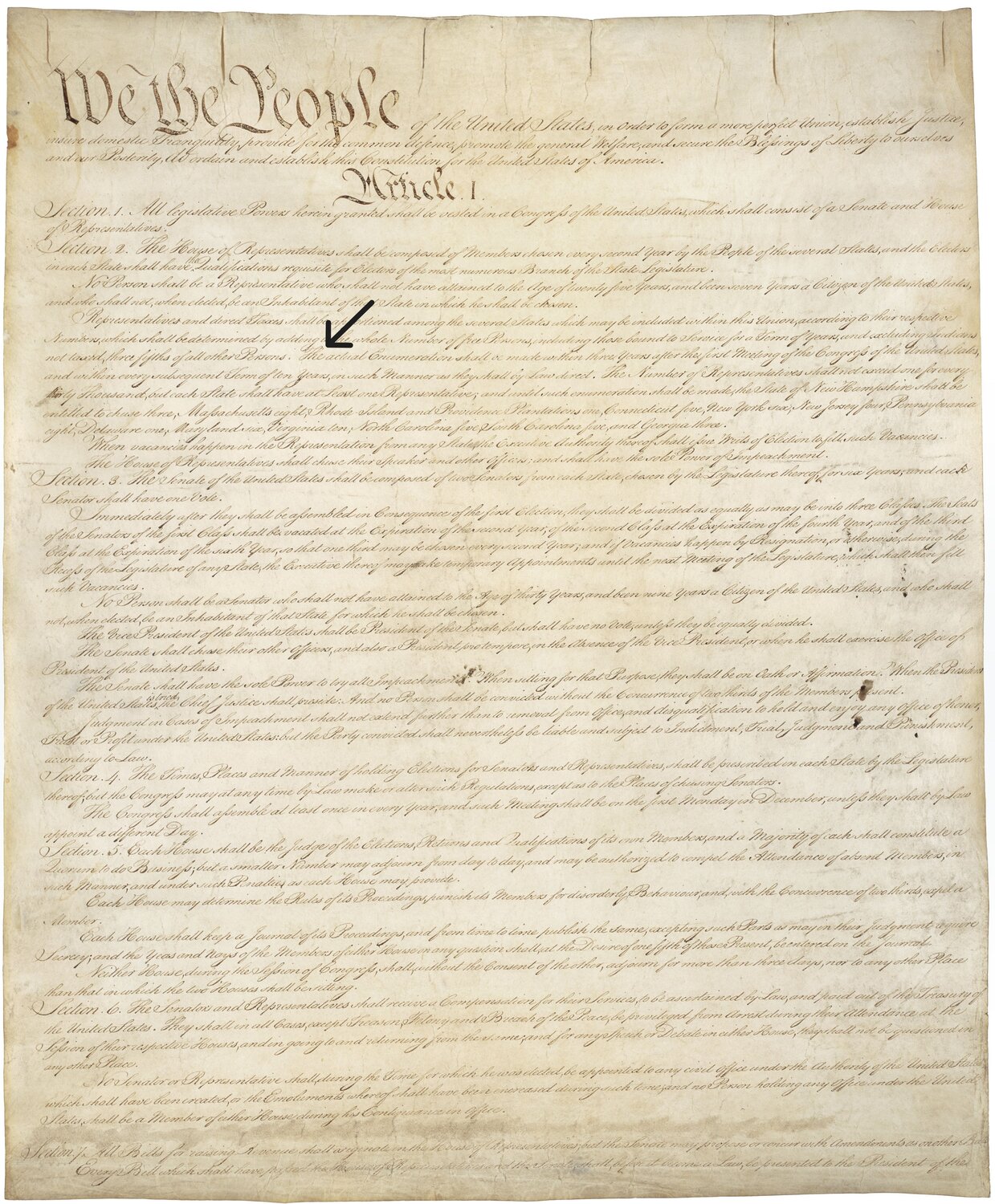 An image of the first page of the US Constitution with the mandate for a census annotated.