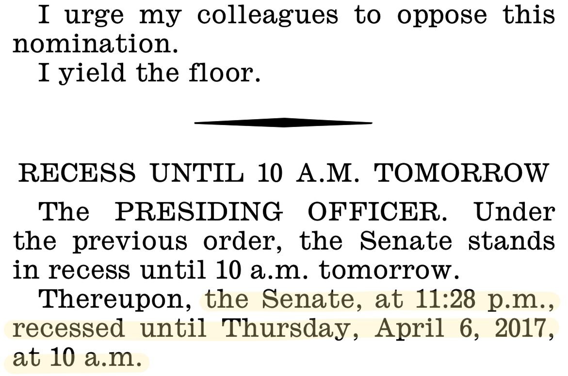 Screenshot of the Senate report from April 4, 2017 with highlighted section "the Senate, at 11:28 p.m., recessed until Thursday, April 6, 2017, at 10 a.m."