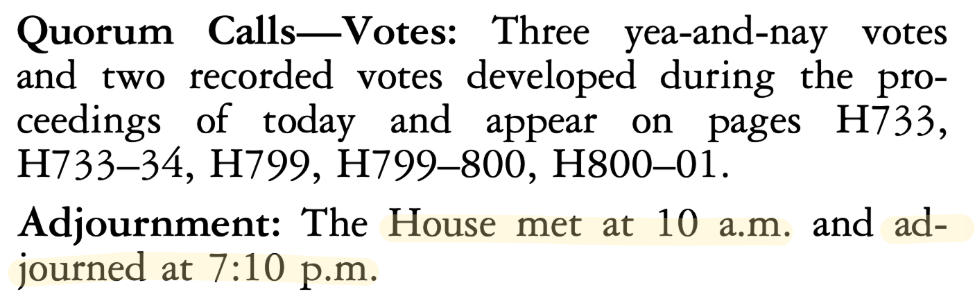 Screenshot from January 14, 2026 Daily Digest with highlighted "The House met at 10 a.m. and adjourned at 7:10 p.m."