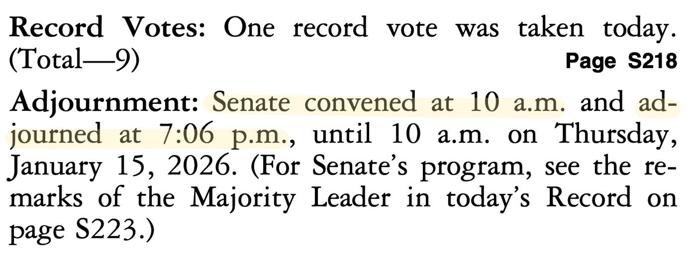 Screenshot from January 14, 2026 Daily Digest with highlighted "Senate convened at 10 a.m. and adjourned at 7:06 p.m."
