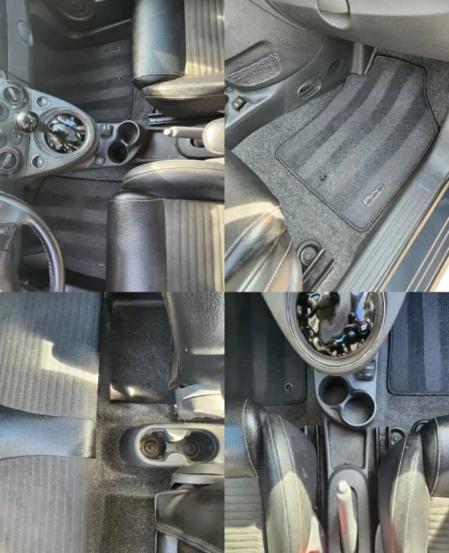 Before and after center console cleaning showing a refreshed cabin